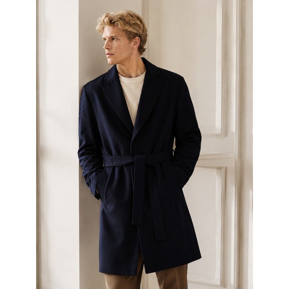 Banana Republic Men’s Belted Wool Blend Overcoat Navy Long Coat S